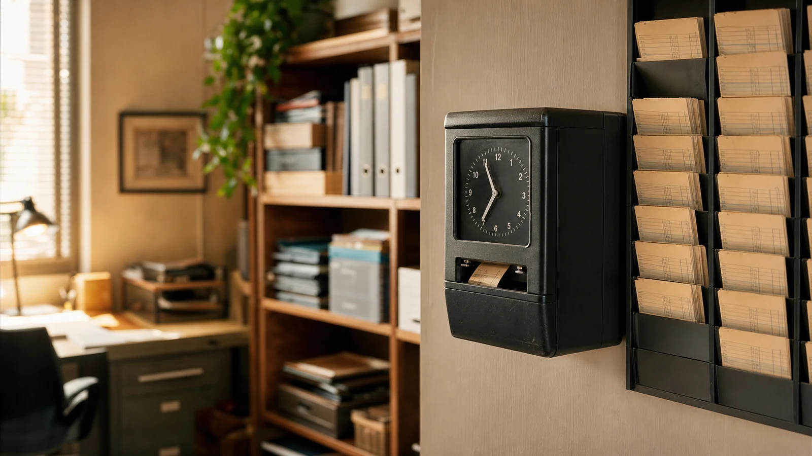 Office time clock with organized time record tags