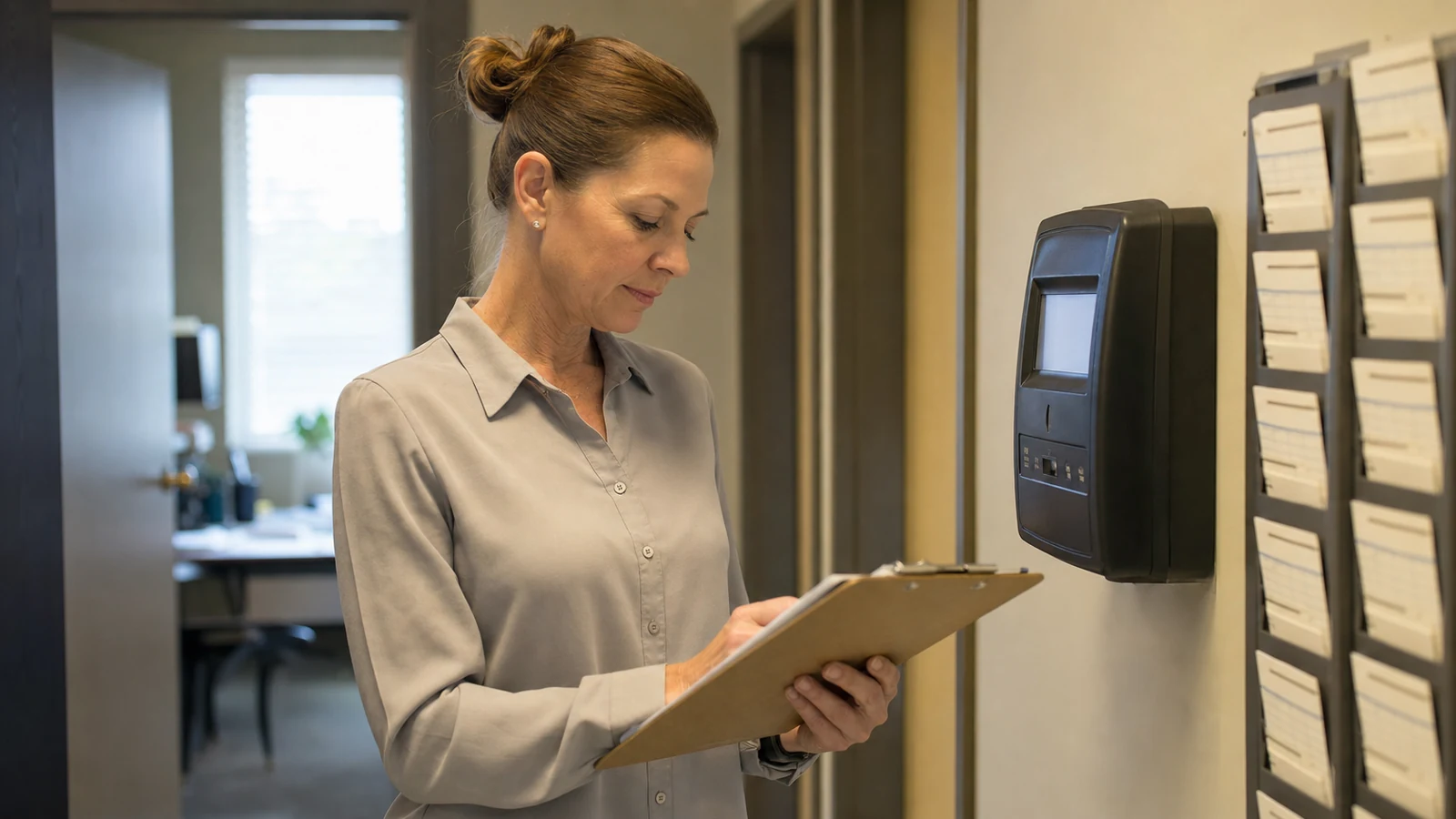 Workforce time tracking review workflow beside time clock